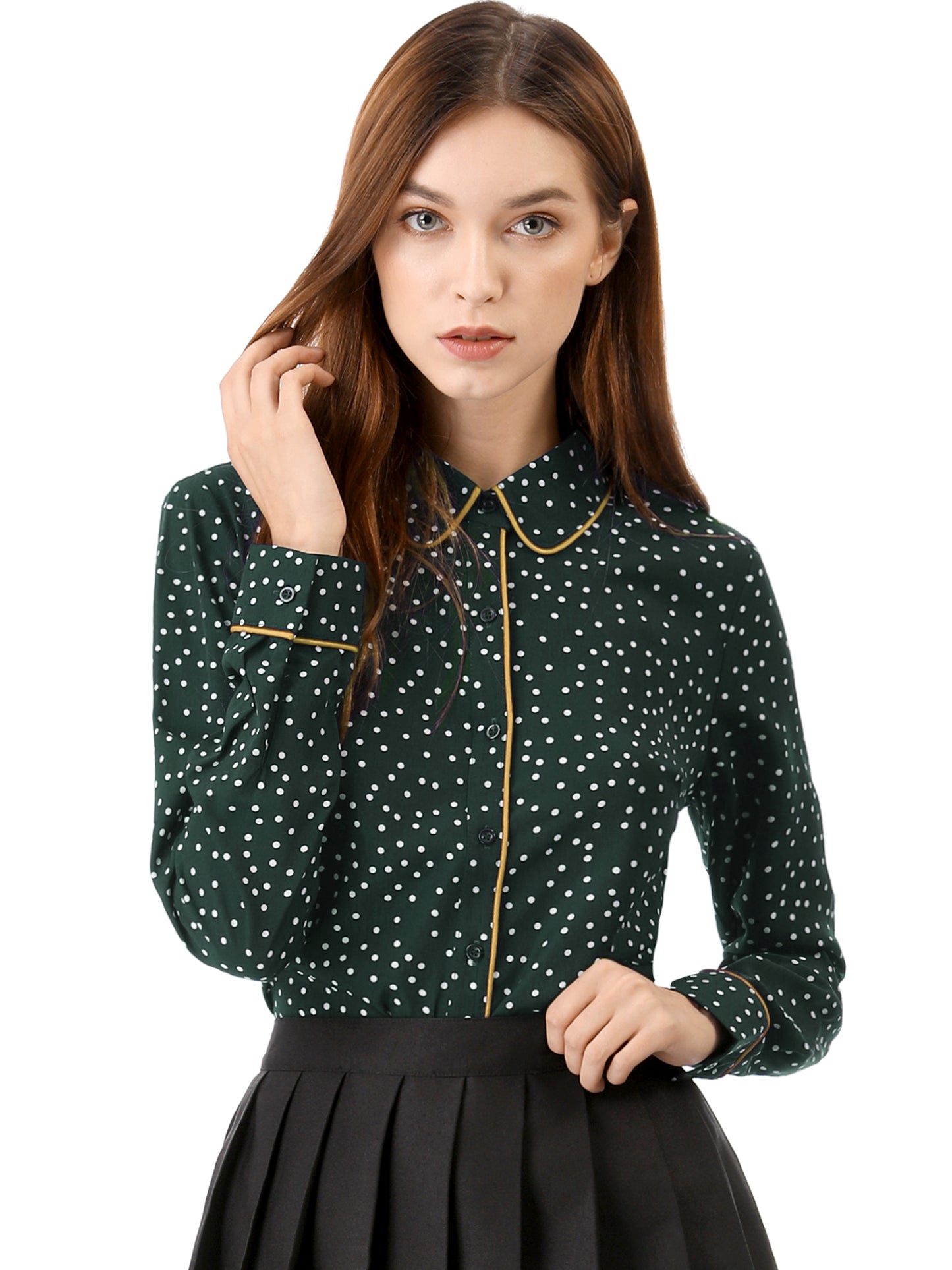 Women's Printed Long Sleeve Piped Button Down Office Shirt