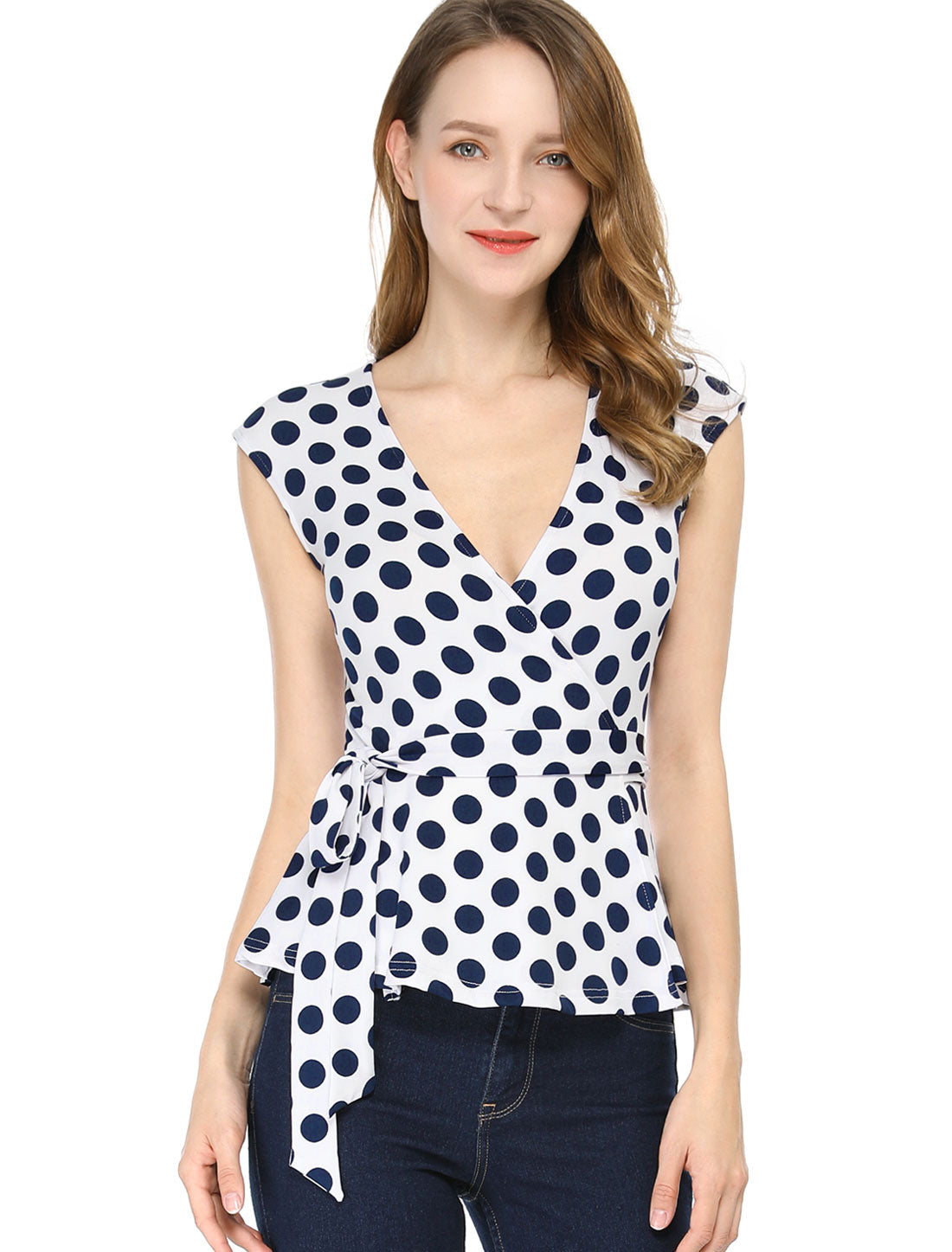 Women's Sleeveless Blouse Elegant Deep V Neck Self Tie Front Polka Dots Wrap Top