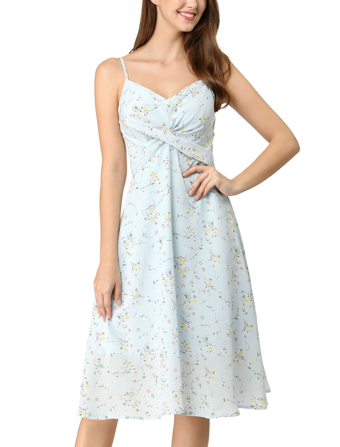 Women's Floral Twist Front Knee Length Adjustable Strap Summer Dress