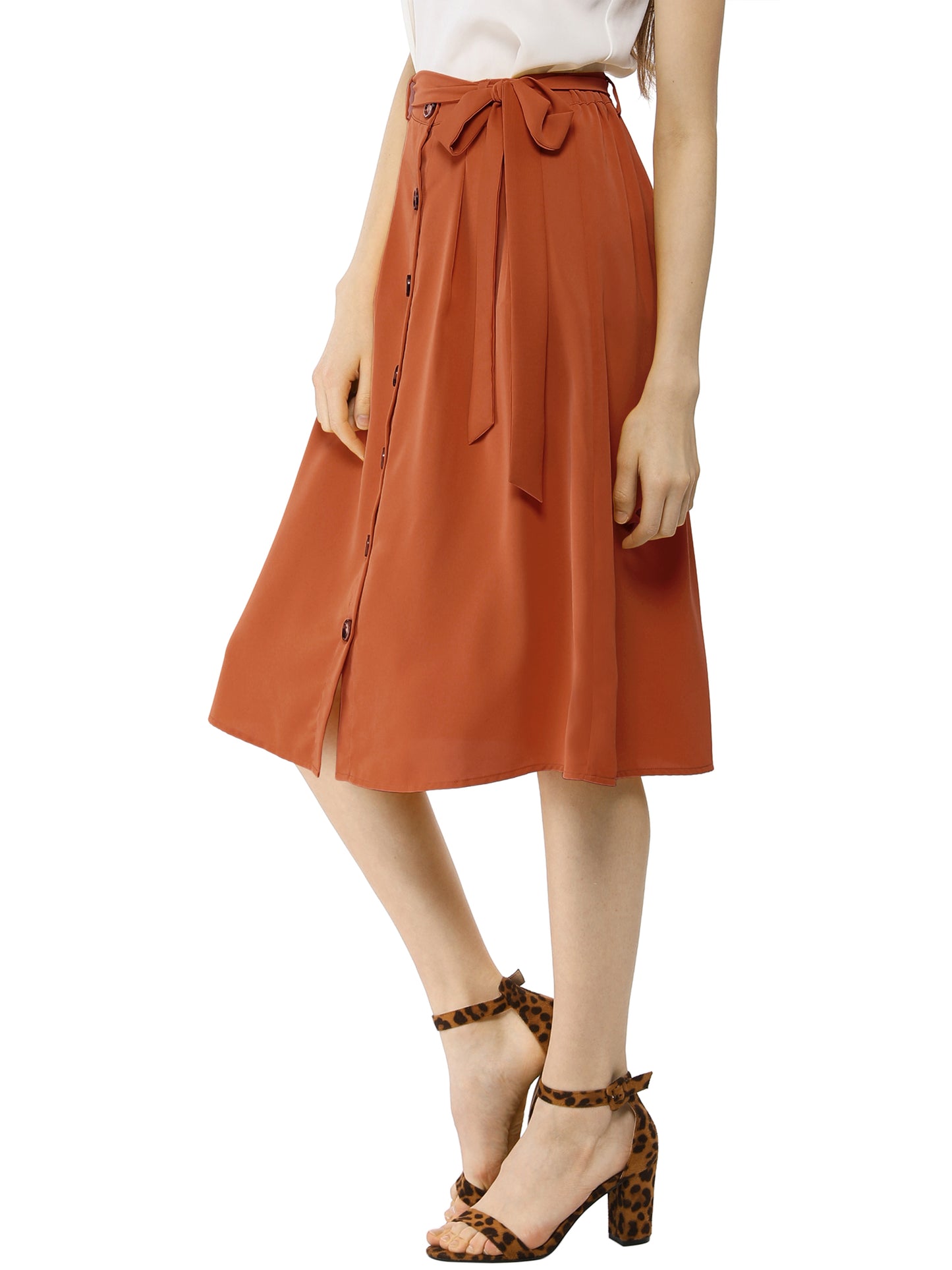 Women's High Waist Button Front Belted A-Line Casual Midi Skirt