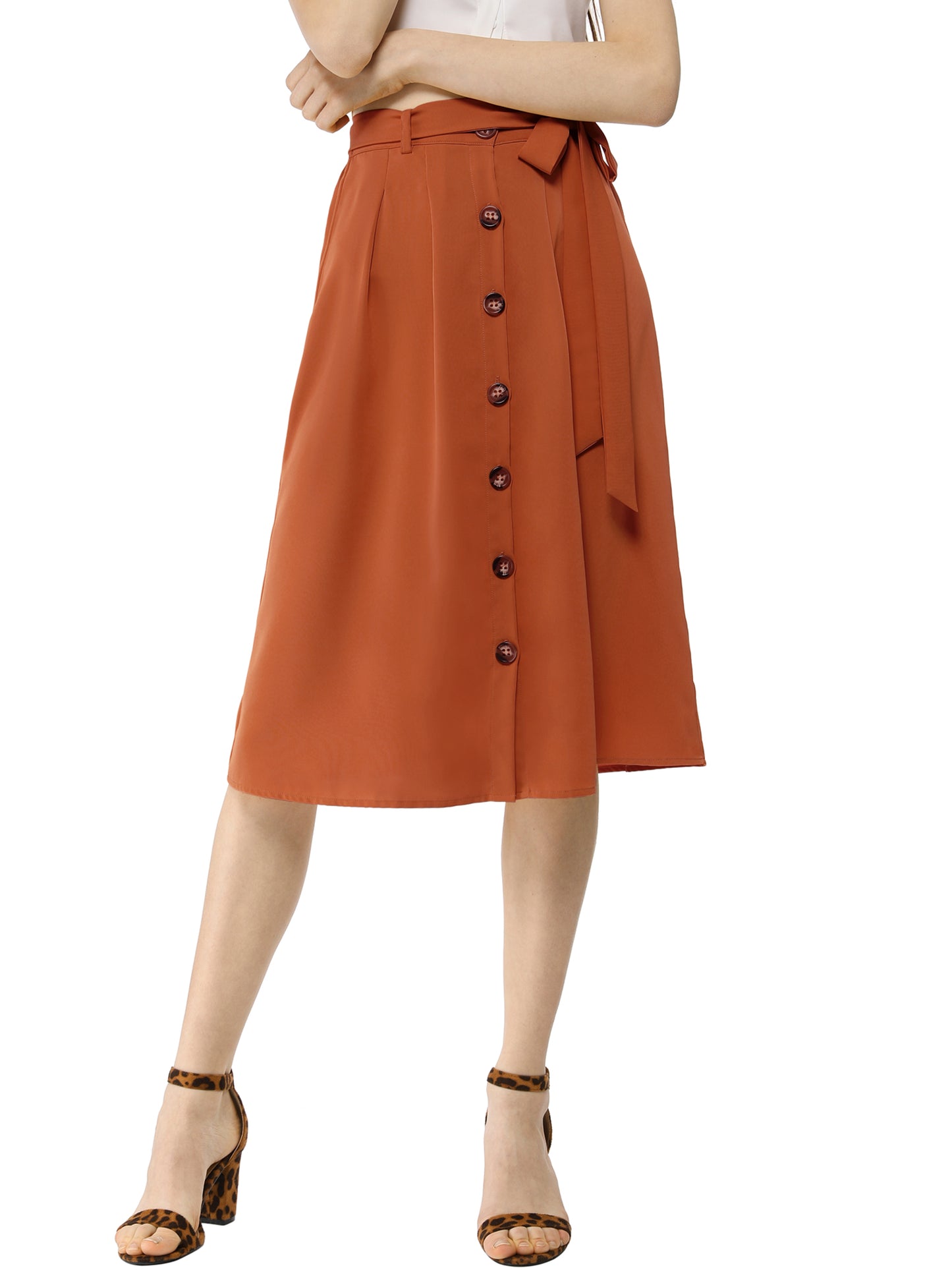 Women's High Waist Button Front Belted A-Line Casual Midi Skirt