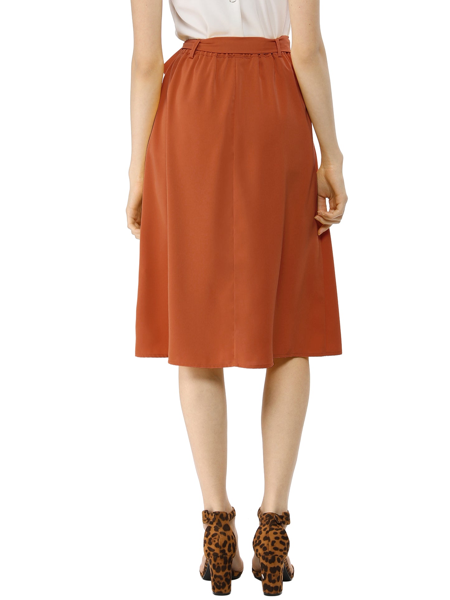 Women's High Waist Button Front Belted A-Line Casual Midi Skirt