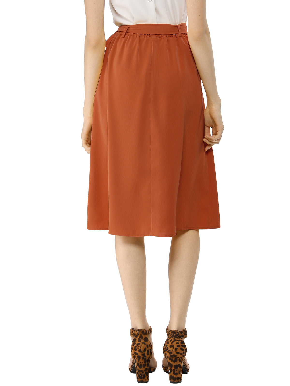 Women's High Waist Button Front Belted A-Line Casual Midi Skirt