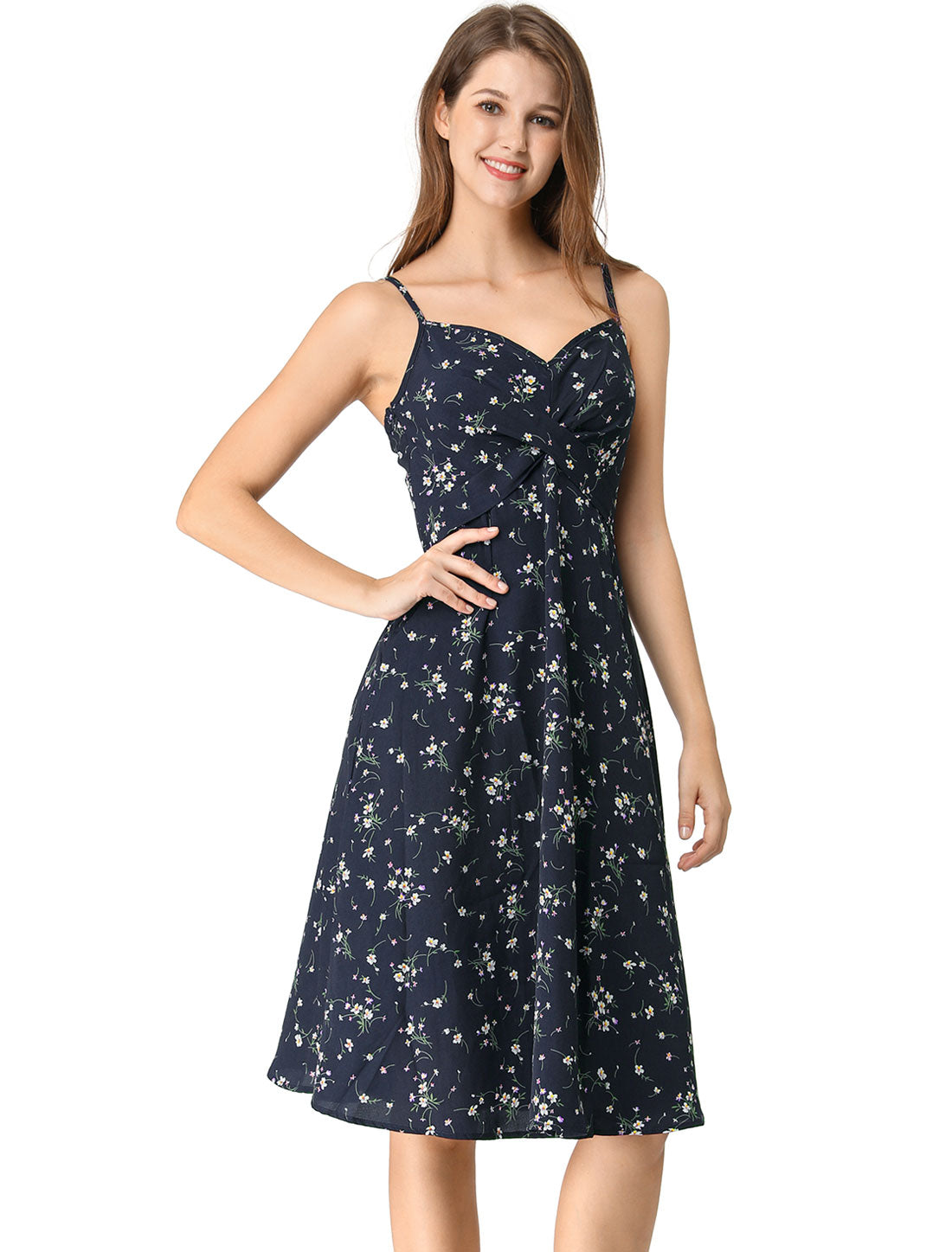 Women's Floral Twist Front Knee Length Adjustable Strap Summer Dress
