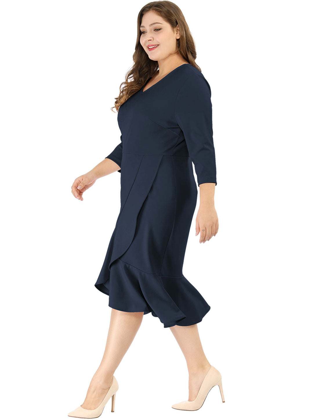 Women's Plus Size Business Ruffled Dress 3/4 Sleeve Office Work Cocktail Dresses Party Wrap Dress