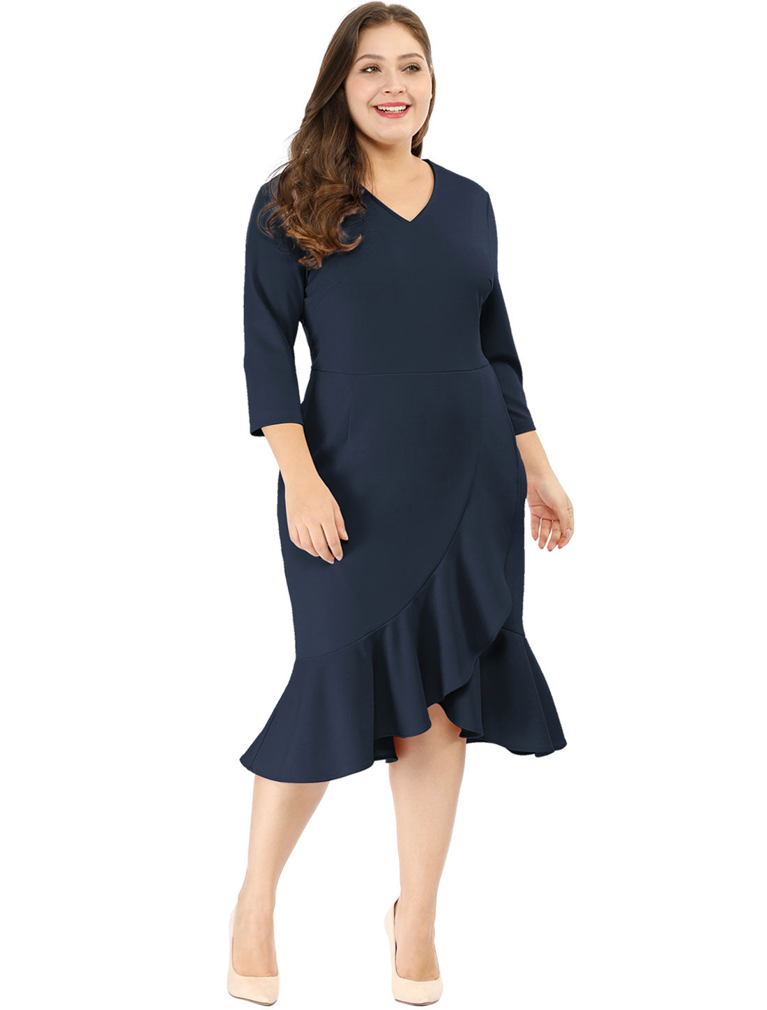 Women's Plus Size Business Ruffled Dress 3/4 Sleeve Office Work Cocktail Dresses Party Wrap Dress