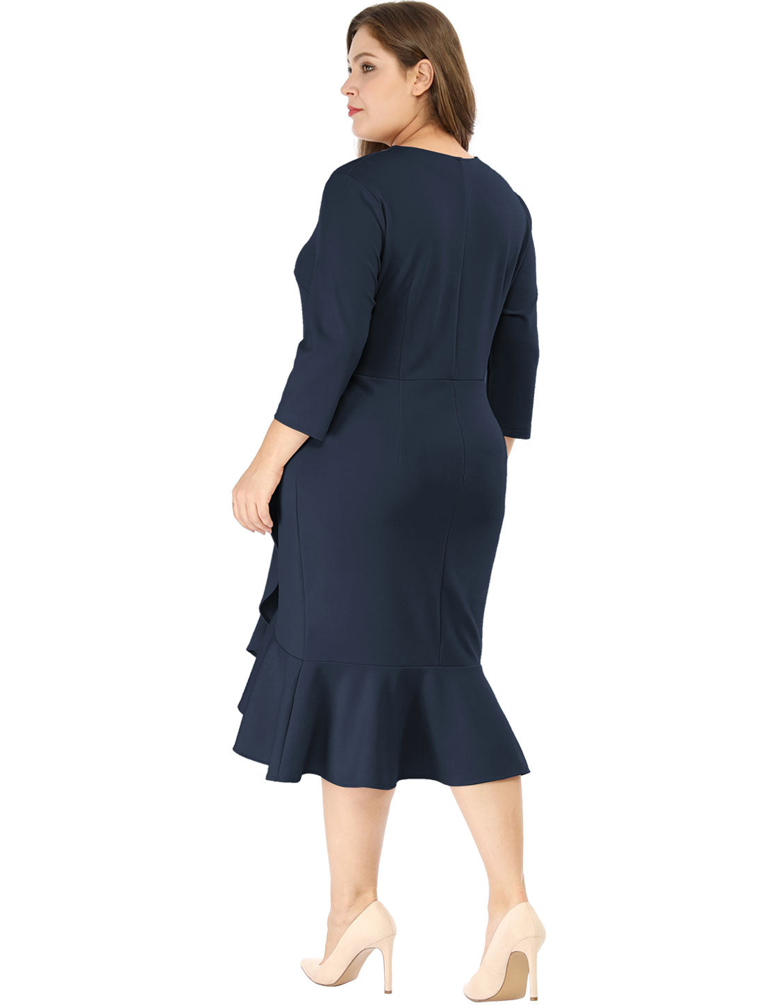 Women's Plus Size Business Ruffled Dress 3/4 Sleeve Office Work Cocktail Dresses Party Wrap Dress