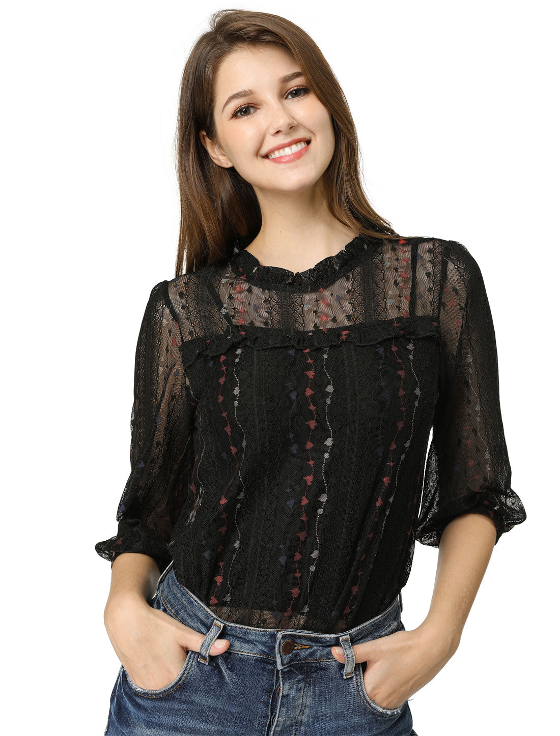 Women's 3/4 Sleeves Ruffle Mock Neck Sheer Lace Top