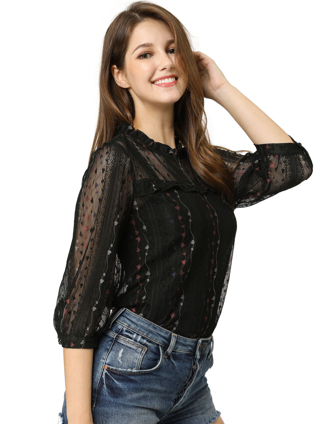 Women's 3/4 Sleeves Ruffle Mock Neck Sheer Lace Top