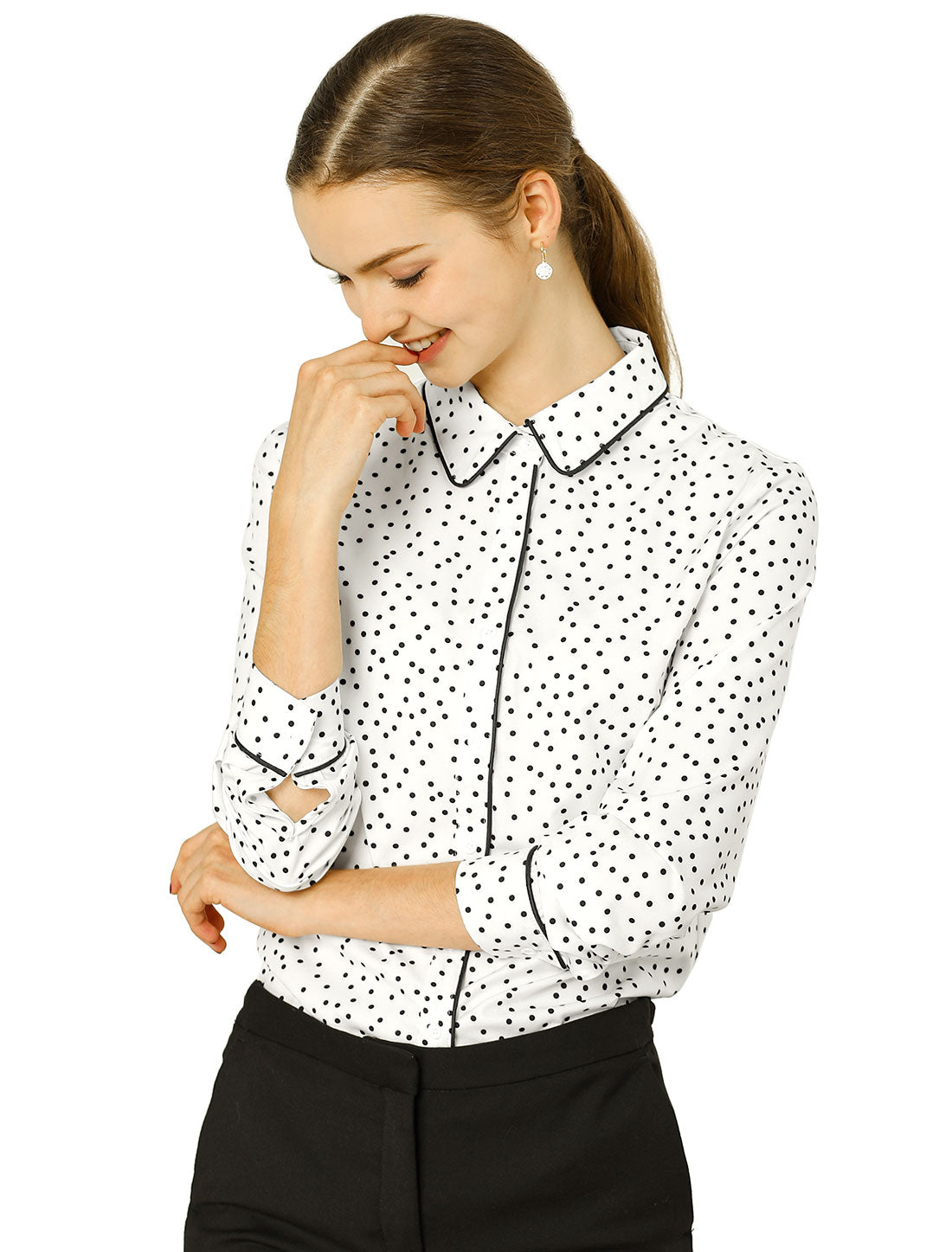 Women's Printed Long Sleeve Piped Button Down Office Shirt