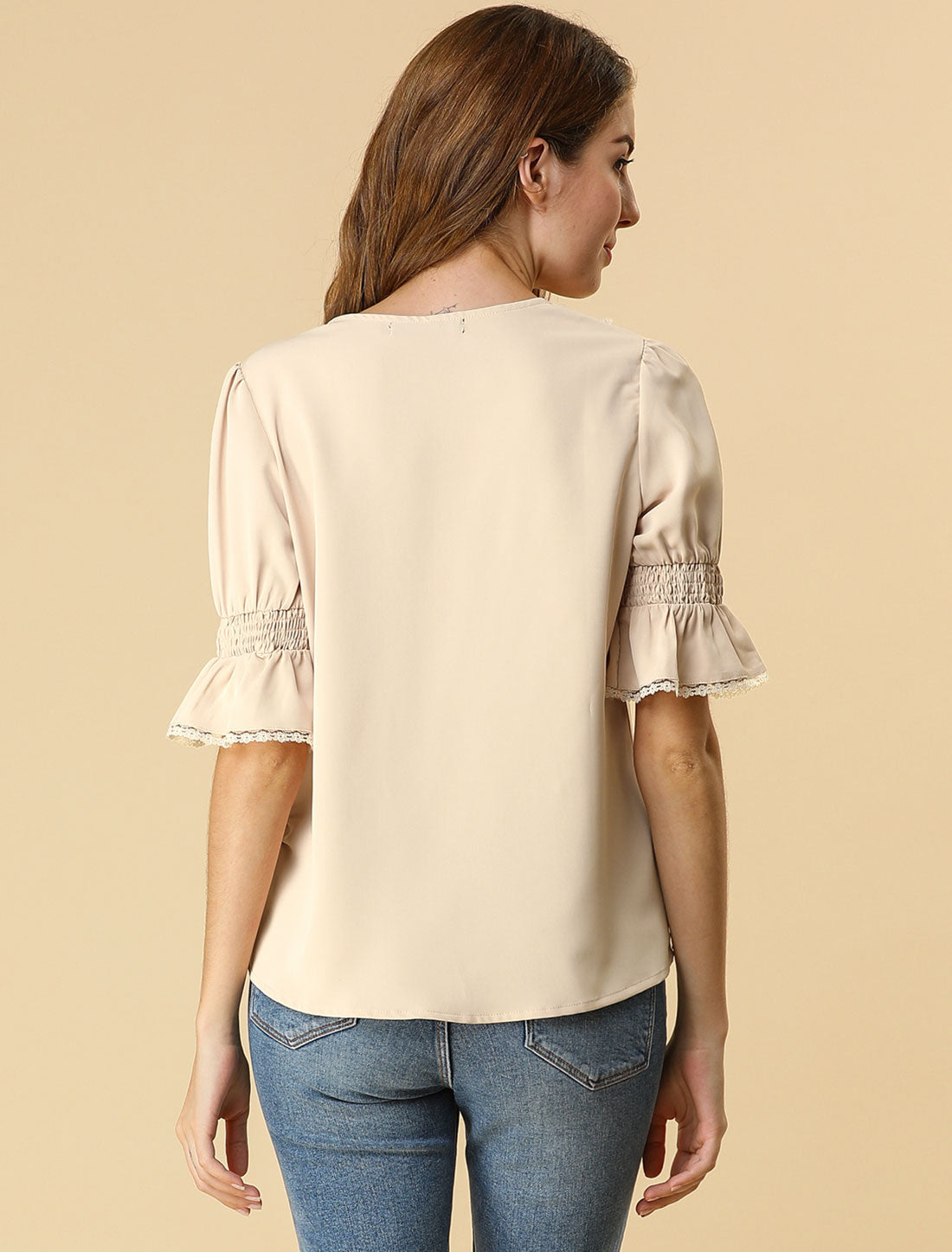 Women's Ruffle V Neck Puff Sleeve Blouse Summer Casual Chiffon Top (Available in Plus Size)