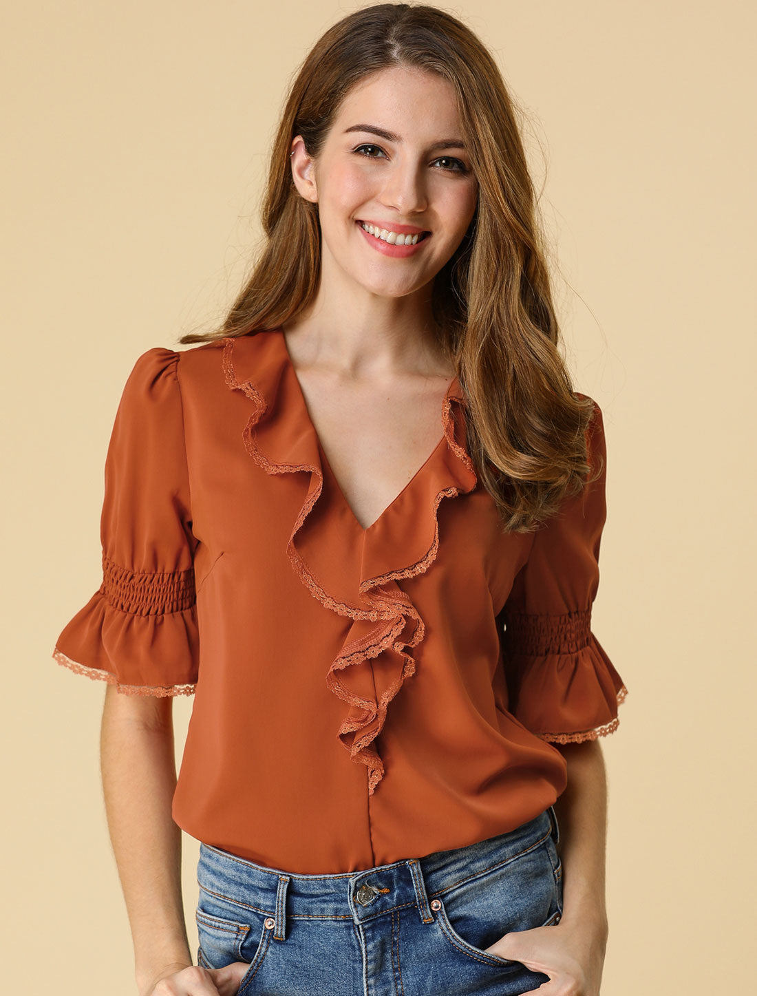 Women's Ruffle V Neck Puff Sleeve Blouse Summer Casual Chiffon Top (Available in Plus Size)