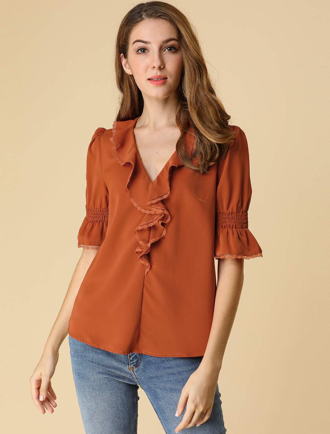 Women's Ruffle V Neck Puff Sleeve Blouse Summer Casual Chiffon Top (Available in Plus Size)