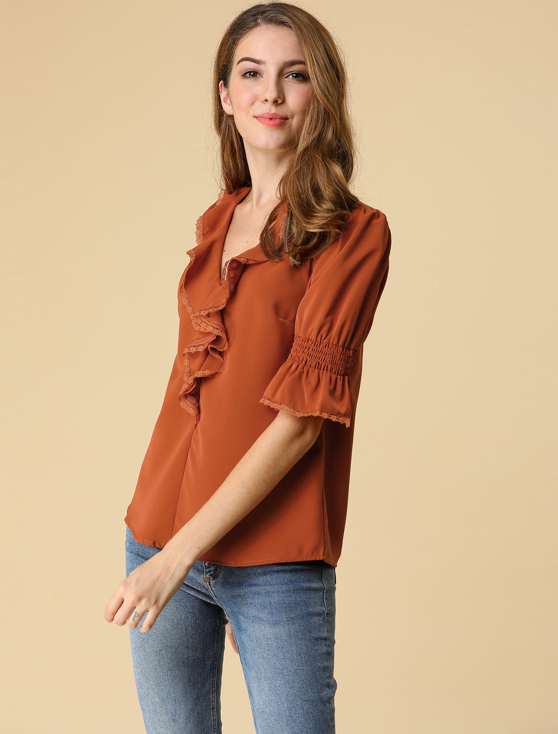 Women's Ruffle V Neck Puff Sleeve Blouse Summer Casual Chiffon Top (Available in Plus Size)