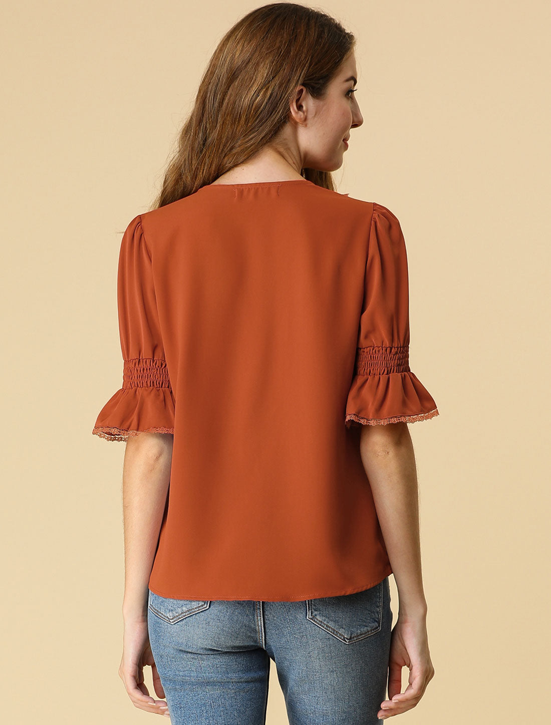 Women's Ruffle V Neck Puff Sleeve Blouse Summer Casual Chiffon Top (Available in Plus Size)