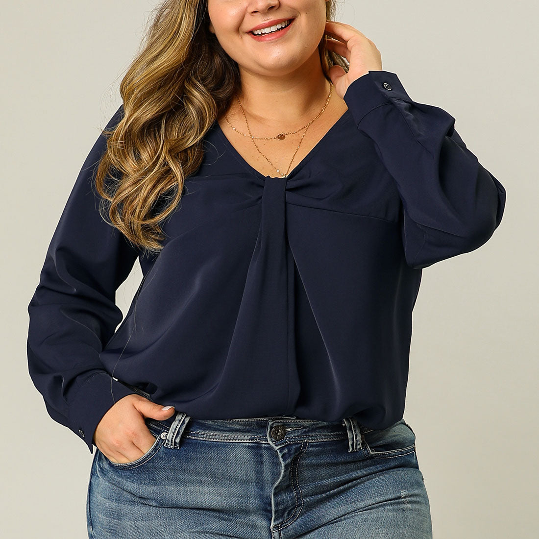 Women's Plus Size Blouses V Neck Twist Knot Button Long Sleeve Top