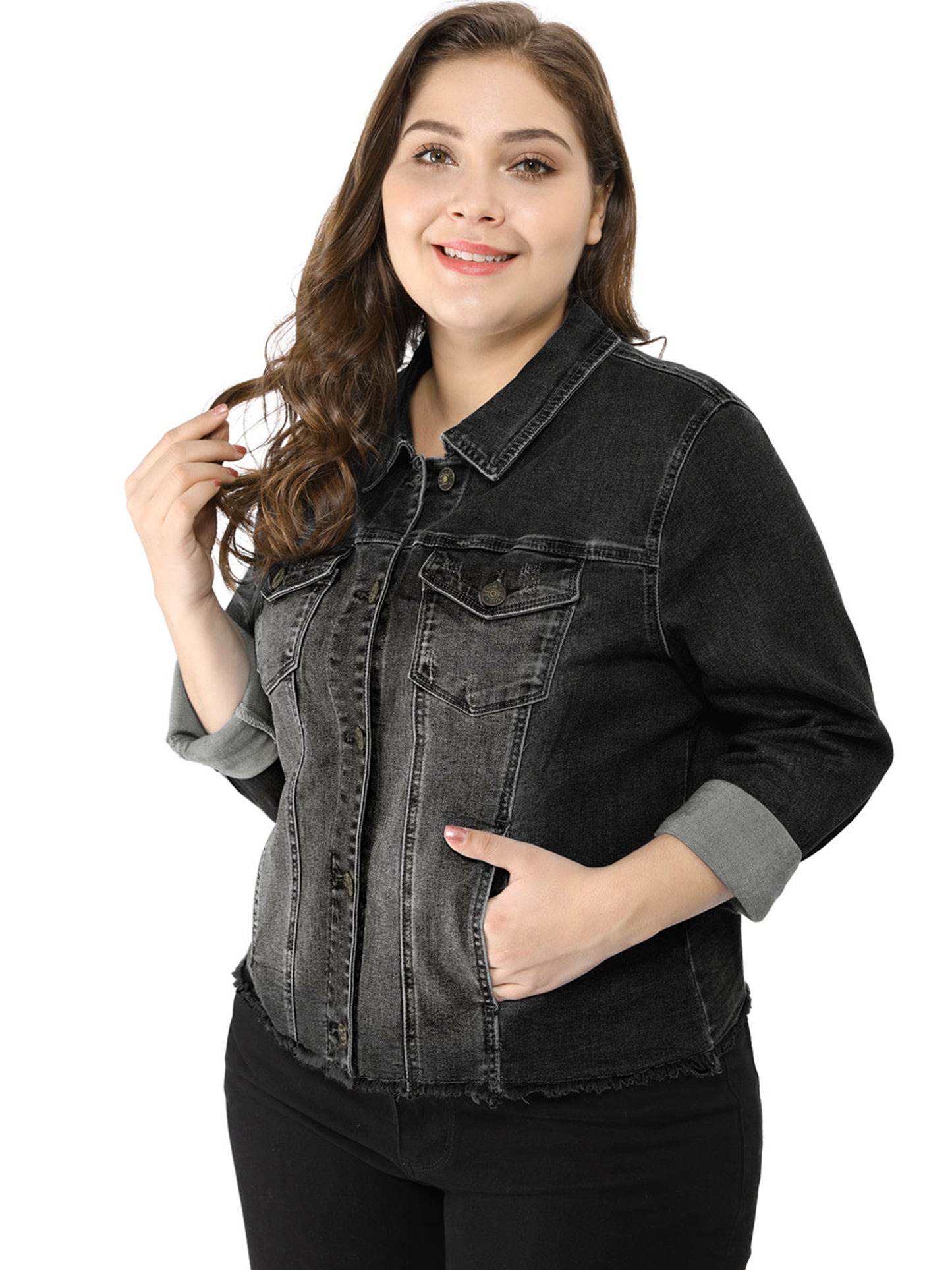 Women's Plus Size Classic Washed Front Frayed Denim Jacket