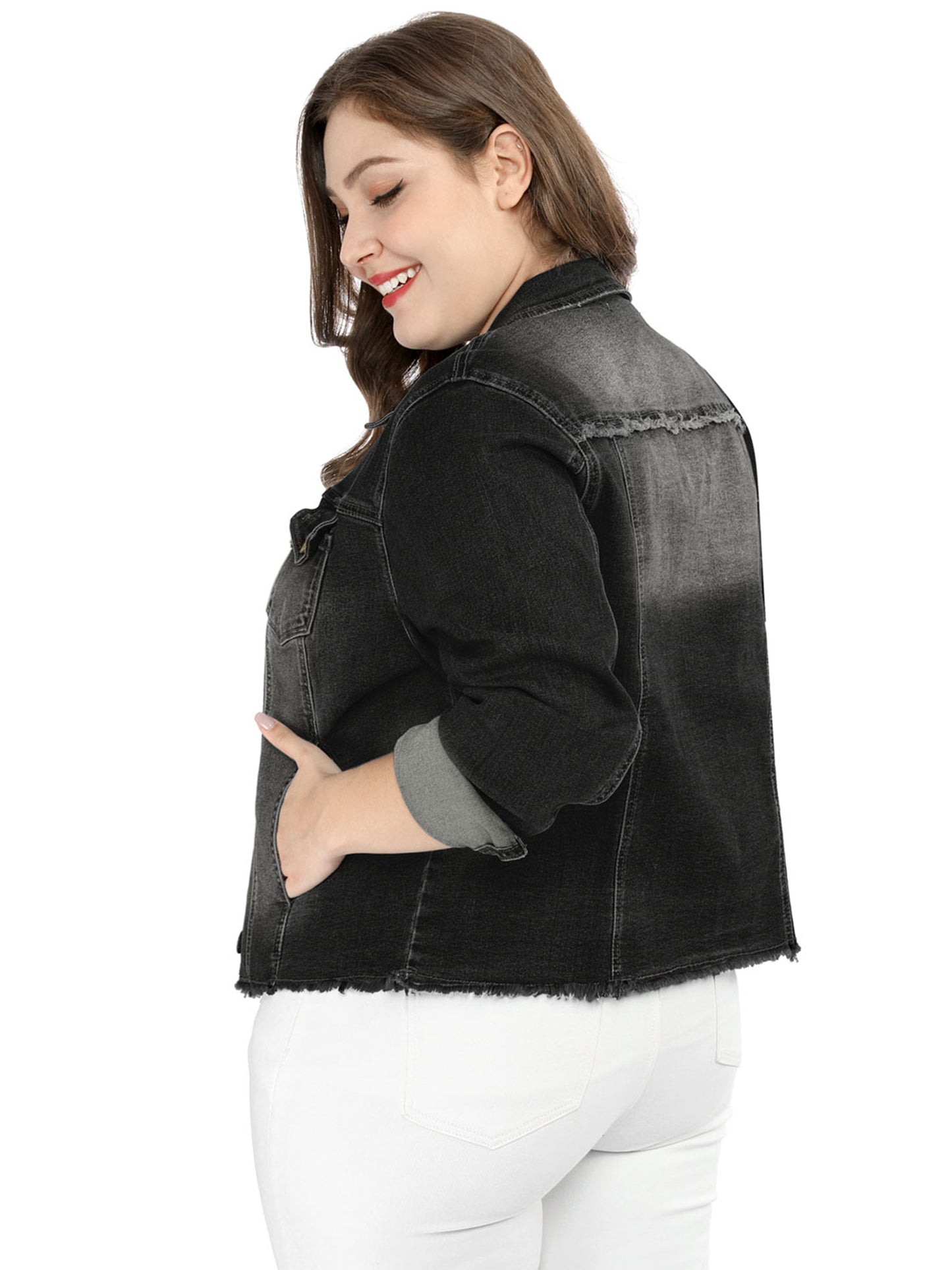 Women's Plus Size Classic Washed Front Frayed Denim Jacket