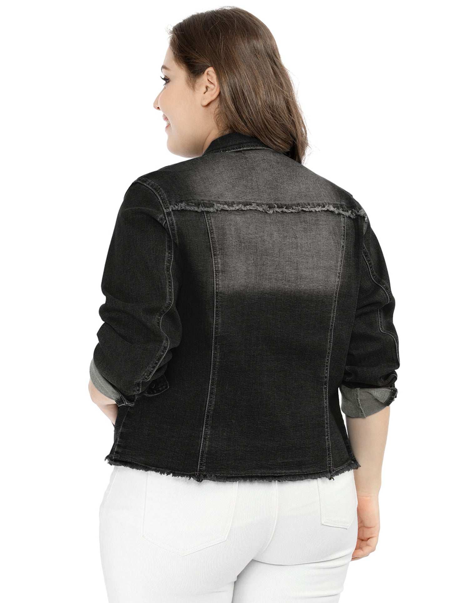 Women's Plus Size Classic Washed Front Frayed Denim Jacket