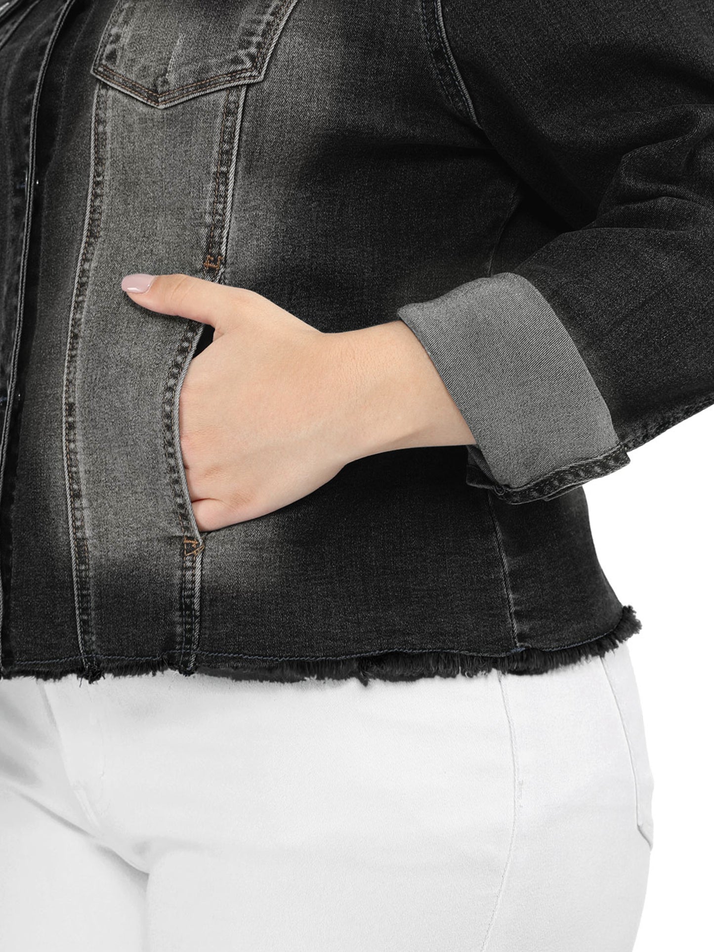 Women's Plus Size Classic Washed Front Frayed Denim Jacket