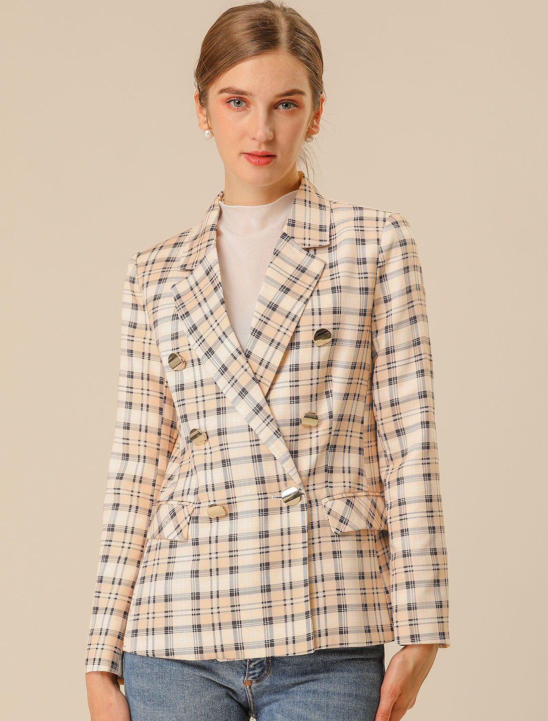 Women's Notched Lapel Double Breasted Plaid Blazer Jacket