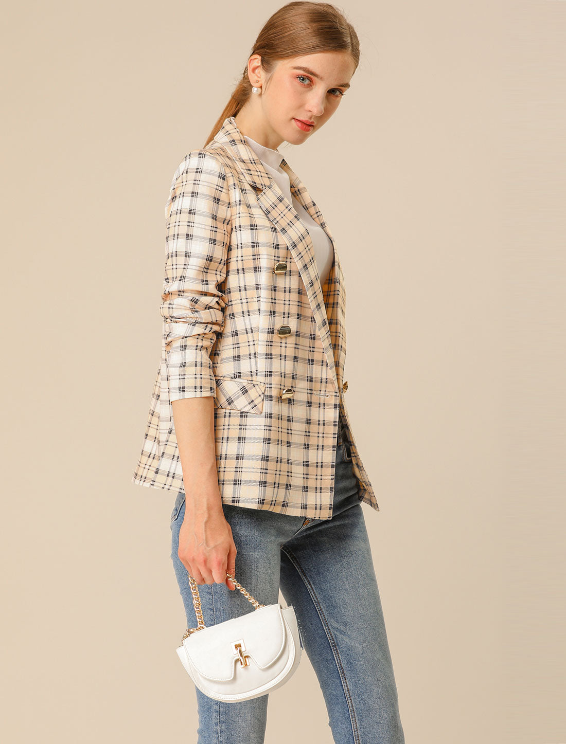 Women's Notched Lapel Double Breasted Plaid Blazer Jacket