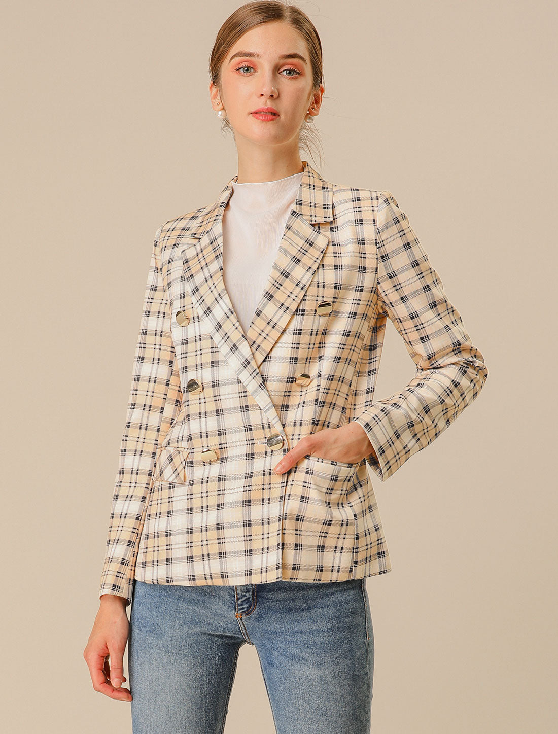 Women's Notched Lapel Double Breasted Plaid Blazer Jacket