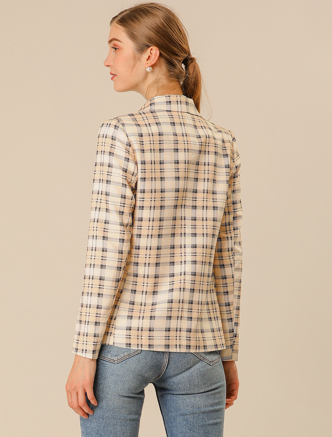 Women's Notched Lapel Double Breasted Plaid Blazer Jacket