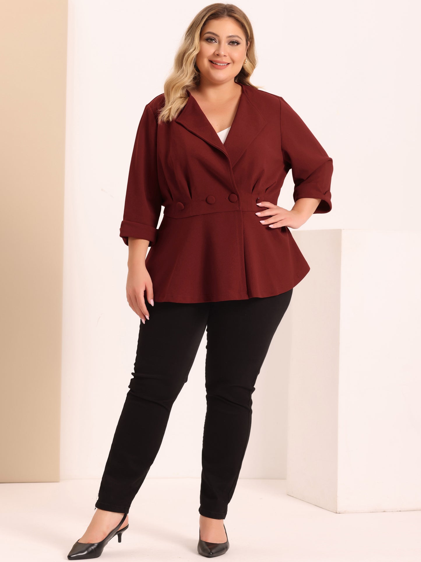 Women's Plus Size Casual Work Office Blazers Notched Lapel Button Peplum Blazer