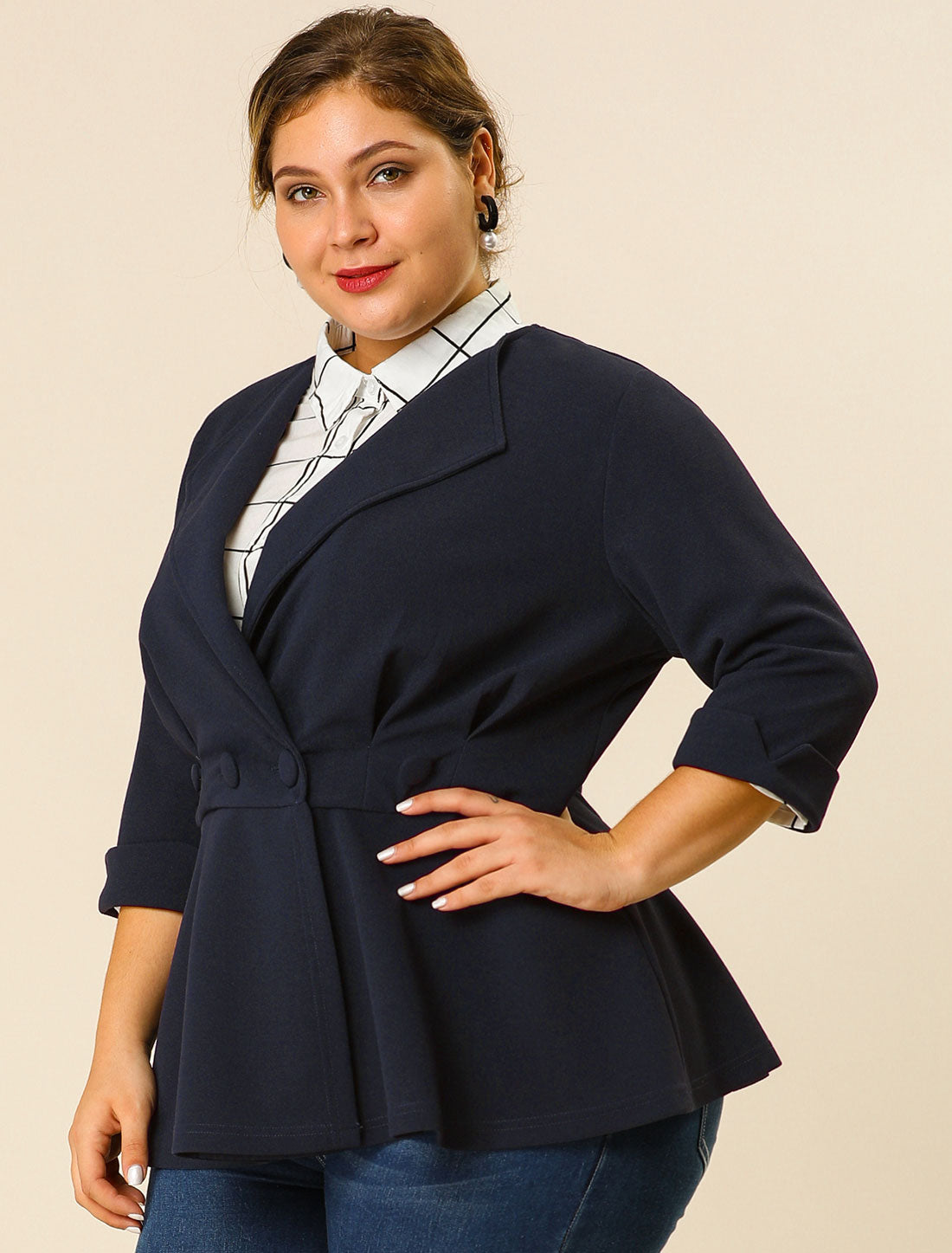 Women's Plus Size Casual Work Office Blazers Notched Lapel Button Peplum Blazer