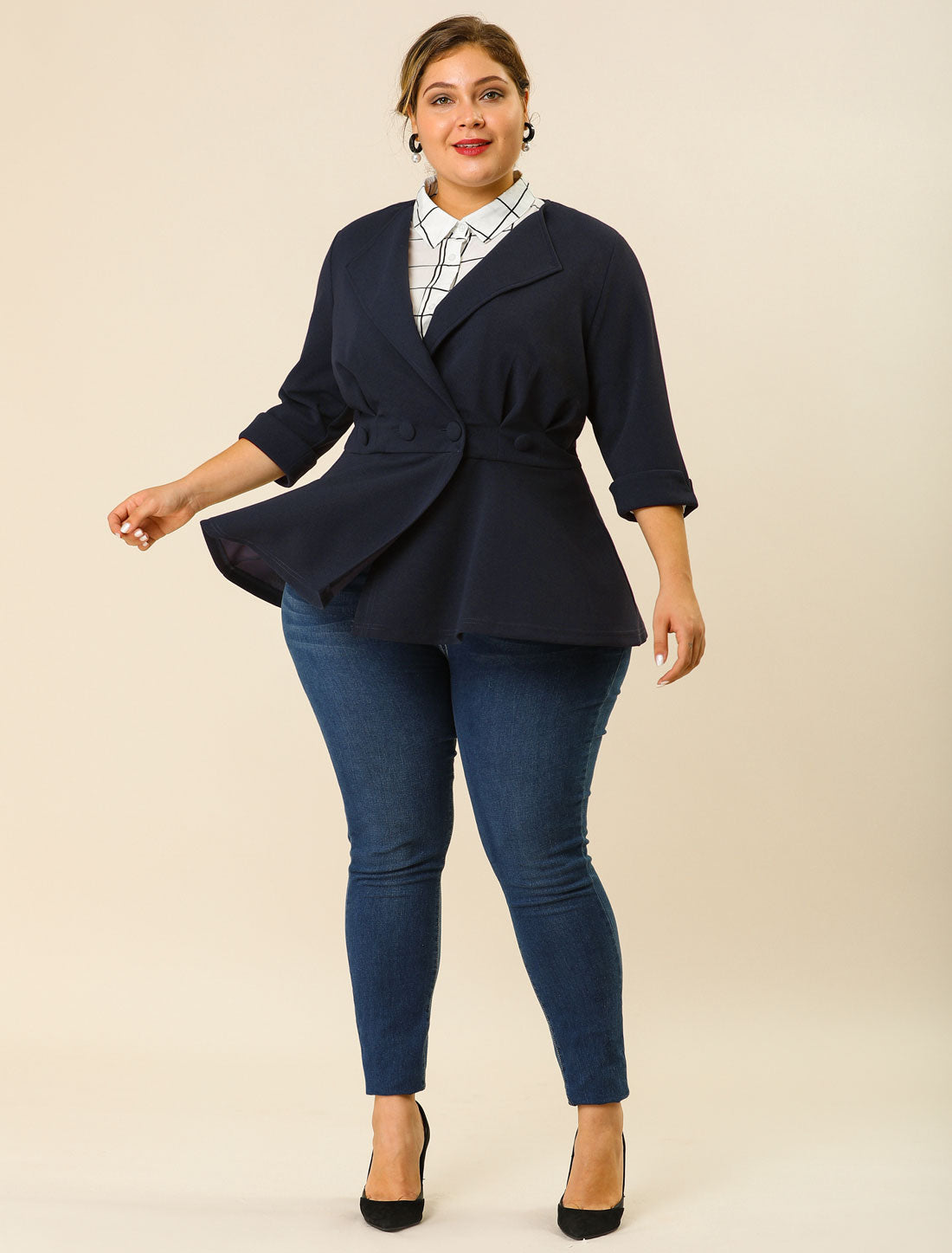 Women's Plus Size Casual Work Office Blazers Notched Lapel Button Peplum Blazer