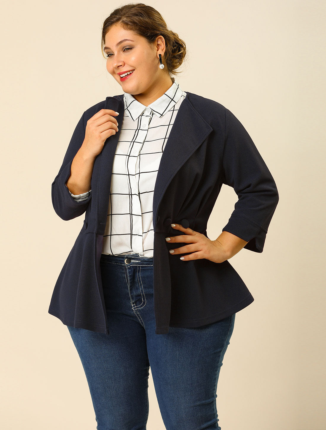 Women's Plus Size Casual Work Office Blazers Notched Lapel Button Peplum Blazer