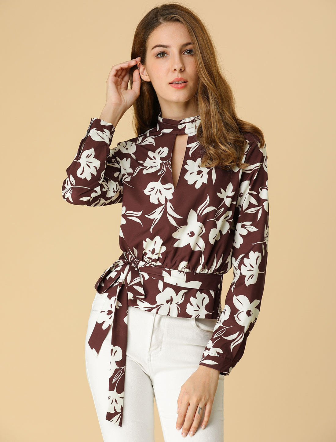 Women's Choker Keyhole Elegant Stand Collar Long Sleeves Tie Smocked Waist Cropped Floral Blouse Top