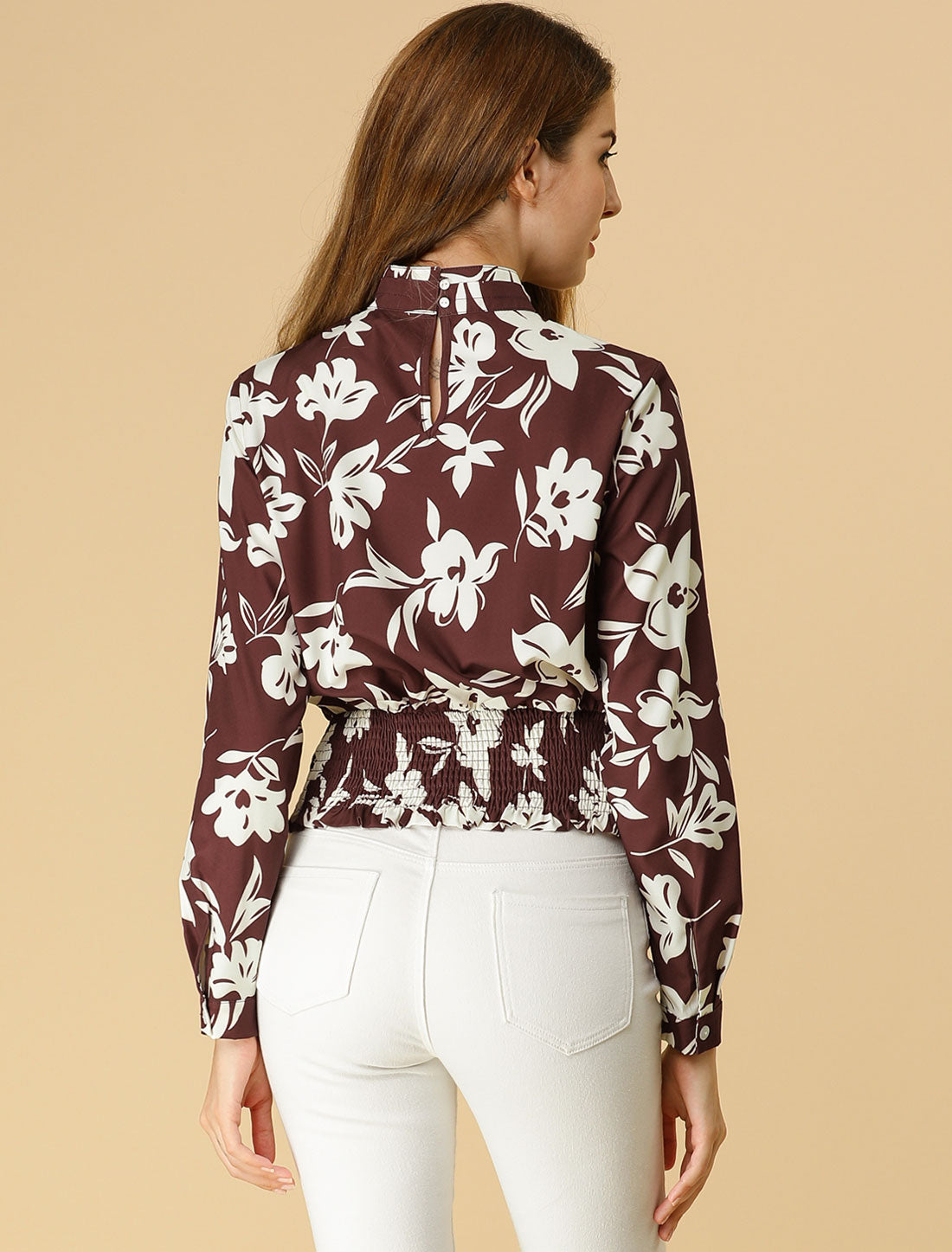 Women's Choker Keyhole Elegant Stand Collar Long Sleeves Tie Smocked Waist Cropped Floral Blouse Top