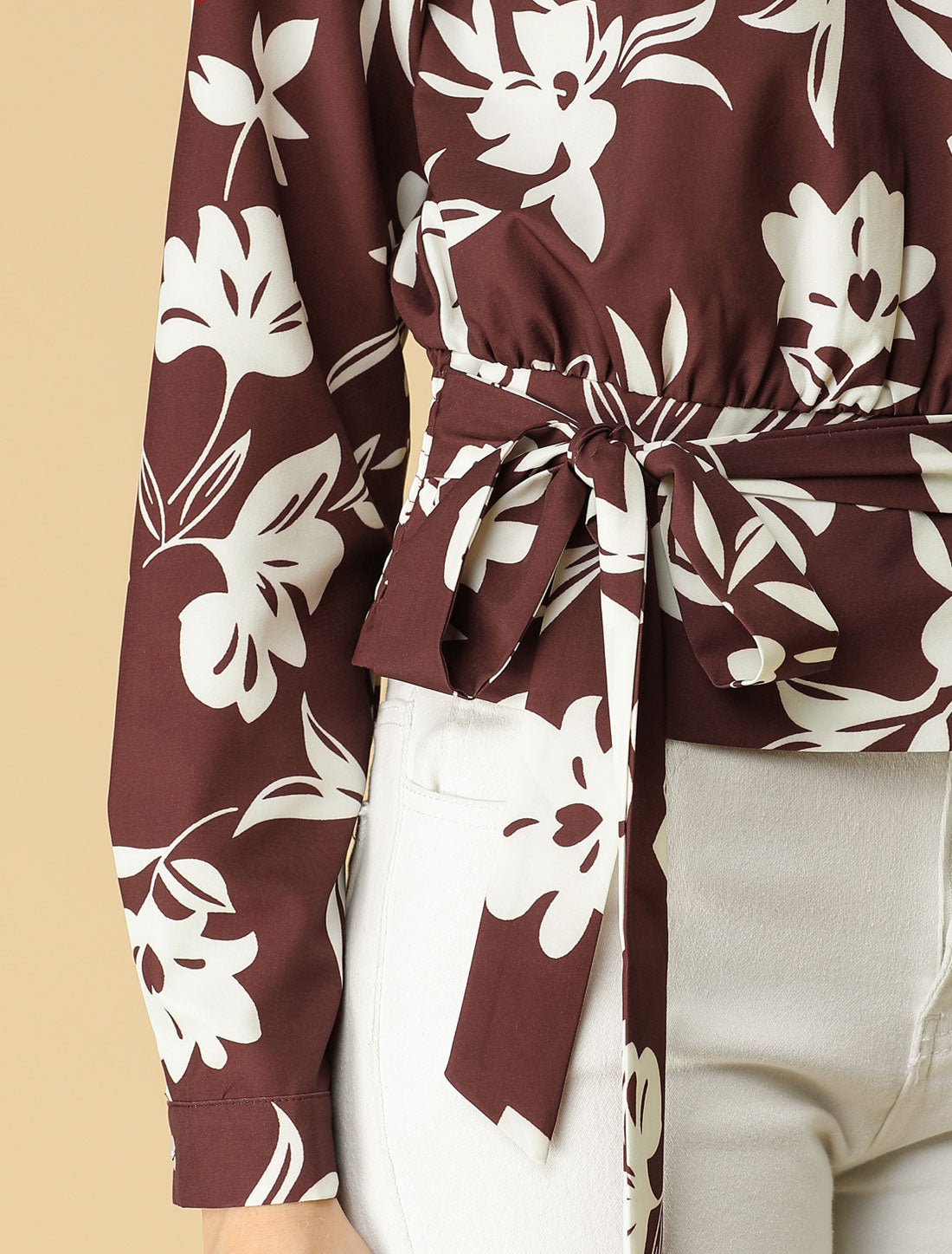 Women's Choker Keyhole Elegant Stand Collar Long Sleeves Tie Smocked Waist Cropped Floral Blouse Top