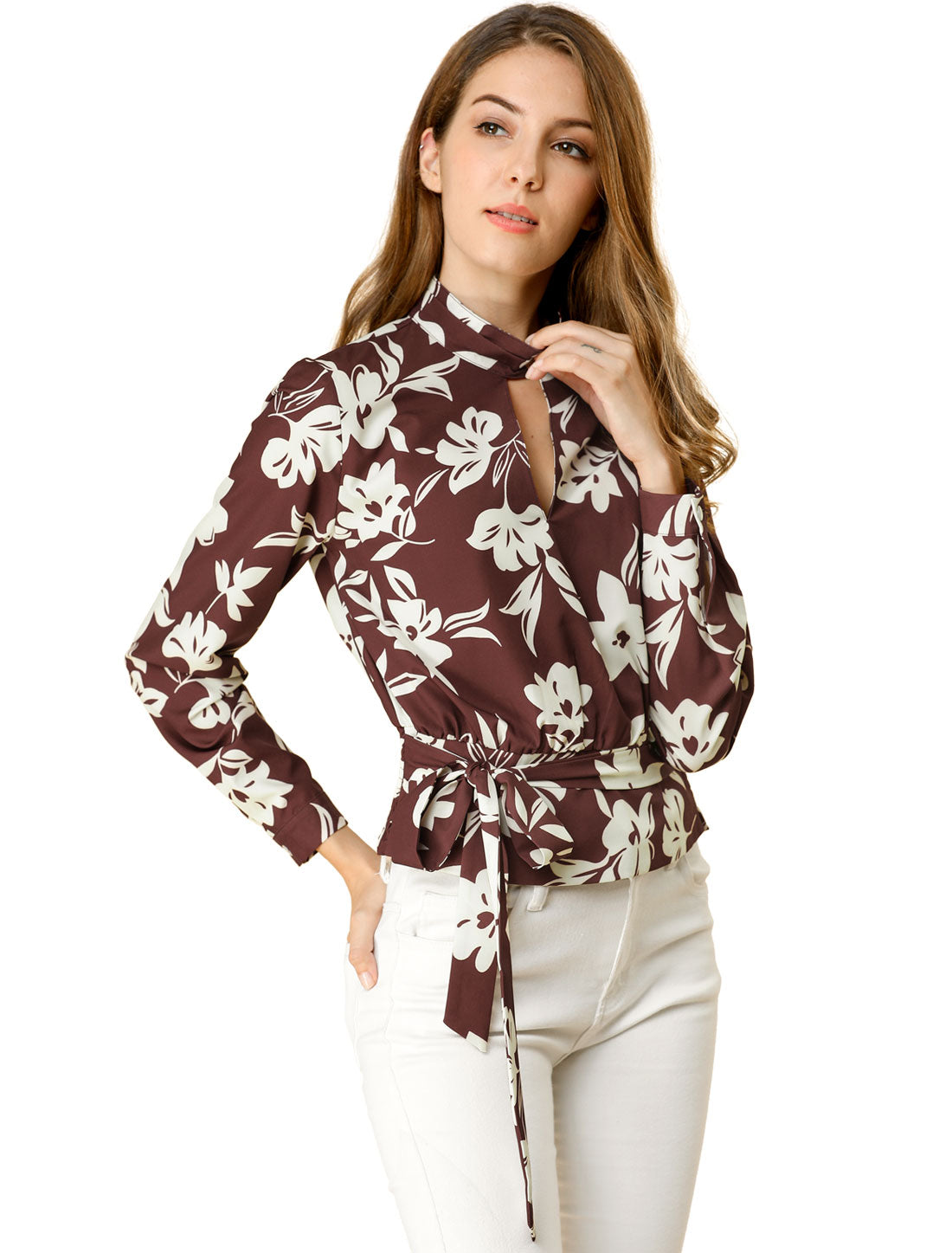 Women's Choker Keyhole Elegant Stand Collar Long Sleeves Tie Smocked Waist Cropped Floral Blouse Top