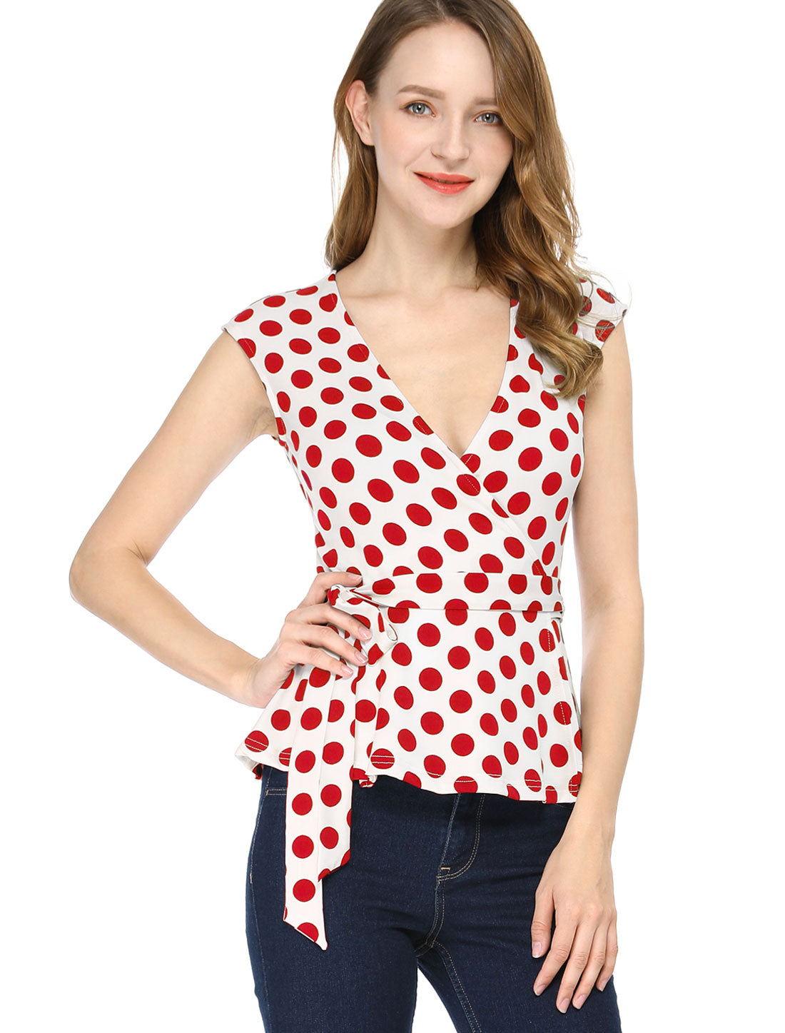 Women's Sleeveless Blouse Elegant Deep V Neck Self Tie Front Polka Dots Wrap Top