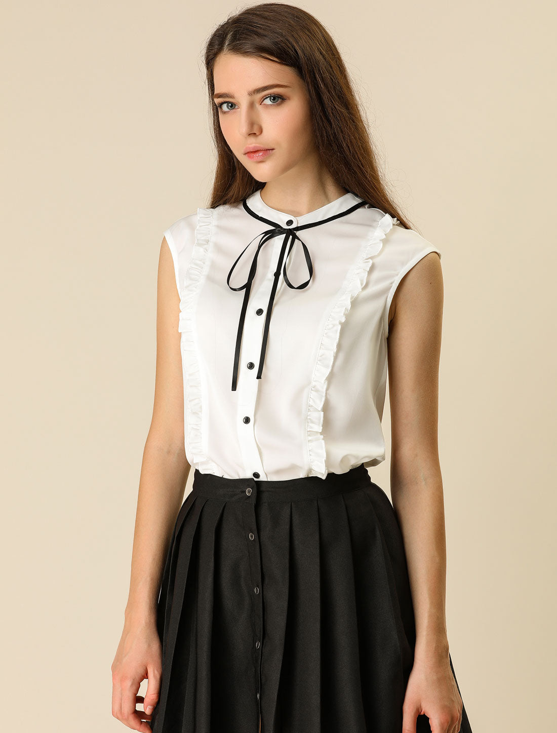 Women's Summer Tie Neck Ruffle Sleeveless Button Down Blouse Shirt