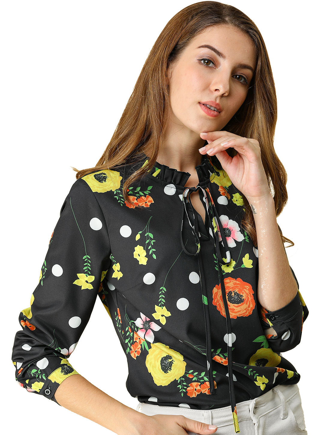 Women's Ruffled Tie Neck Long Sleeves Floral Polka Dots Blouse Top