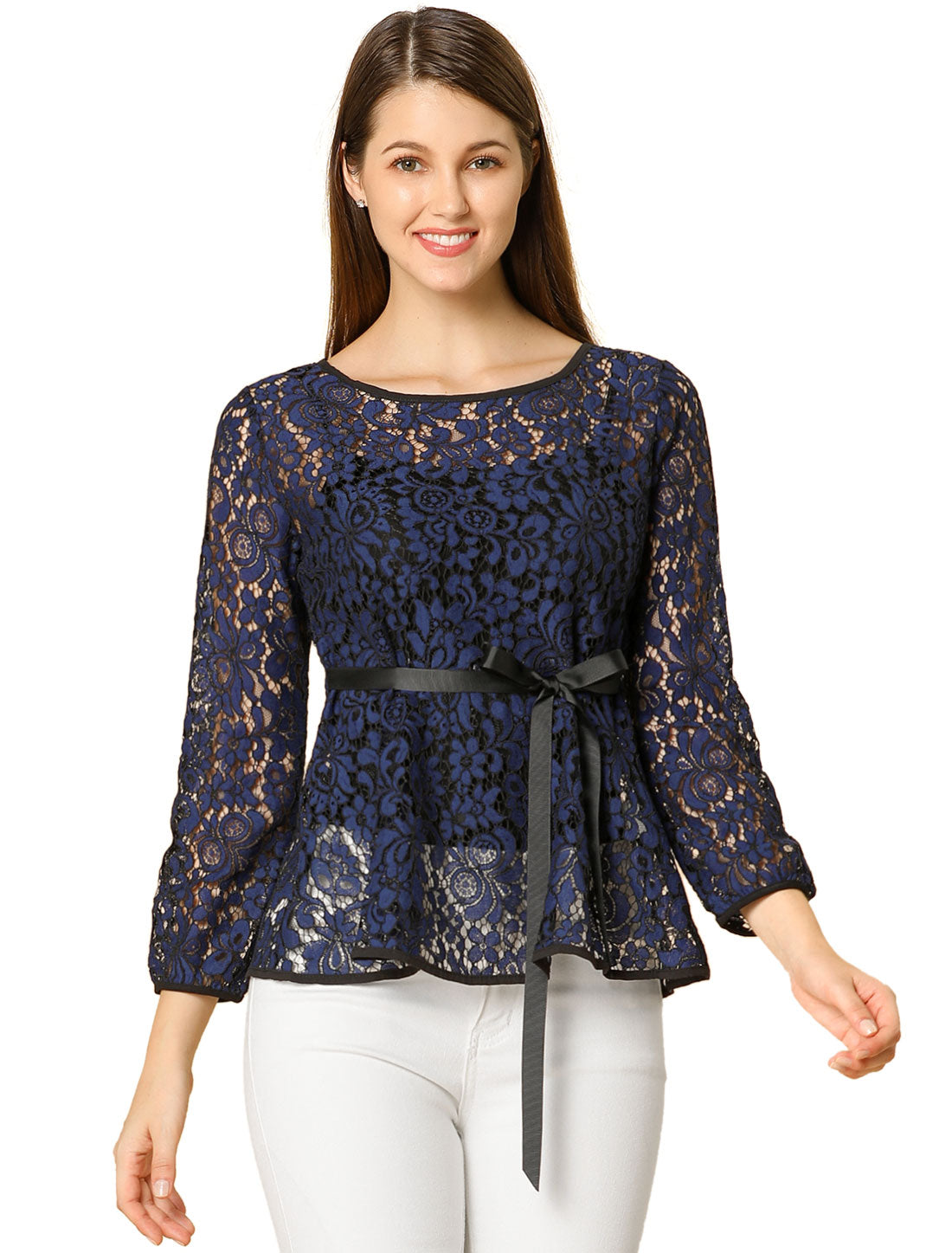 Women's Elegant Tie Waist Long Sleeve Top Lace Peplum Blouse (Available in Plus Size)