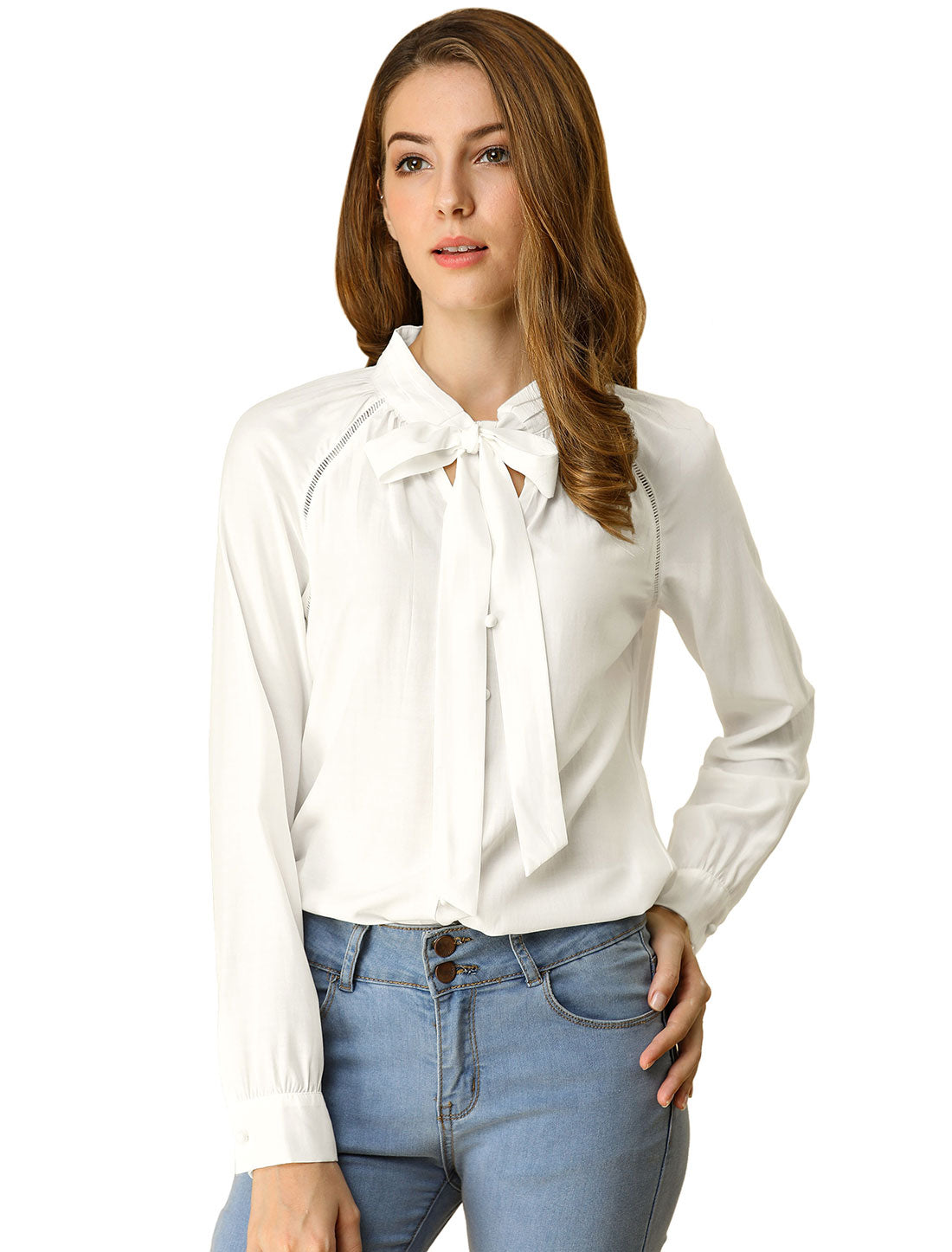 Women's Work Office Tops Bow Tie Neck Button Decor Long Sleeve Shirt Blouse