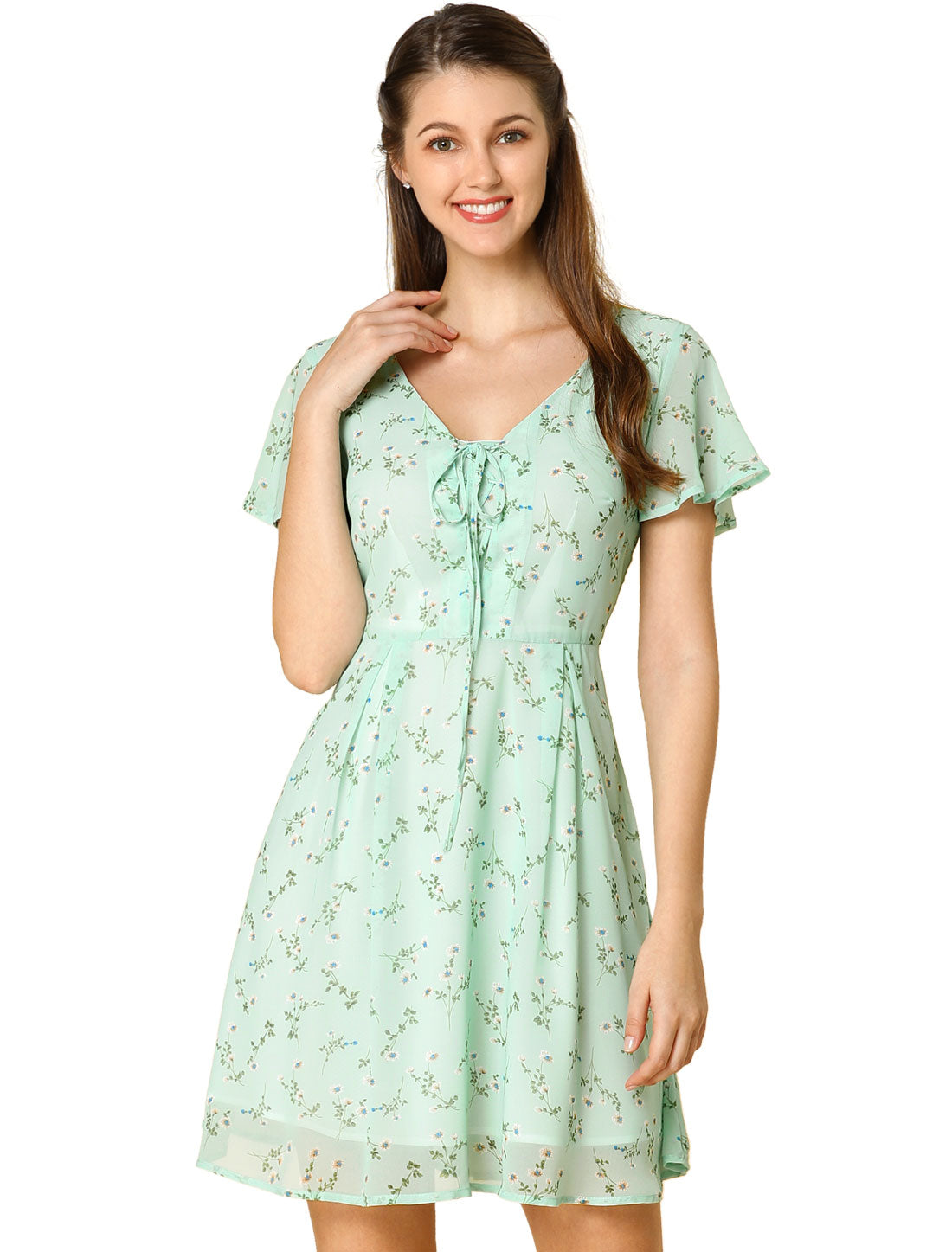 Women Floral Lace-Up V-Neck Flouncing Sleeve Chiffon A-Line Dress