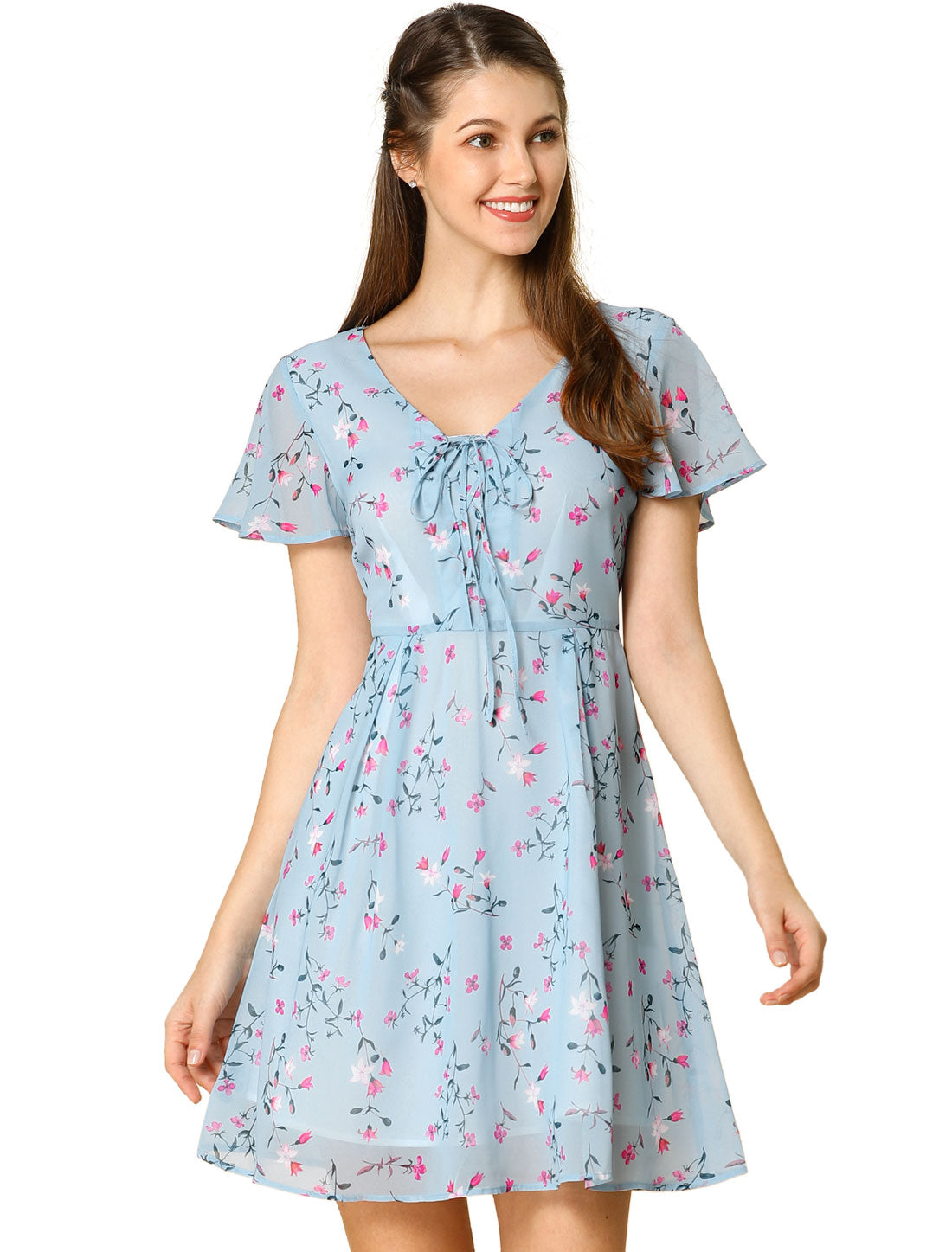 Women Floral Lace-Up V-Neck Flouncing Sleeve Chiffon A-Line Dress