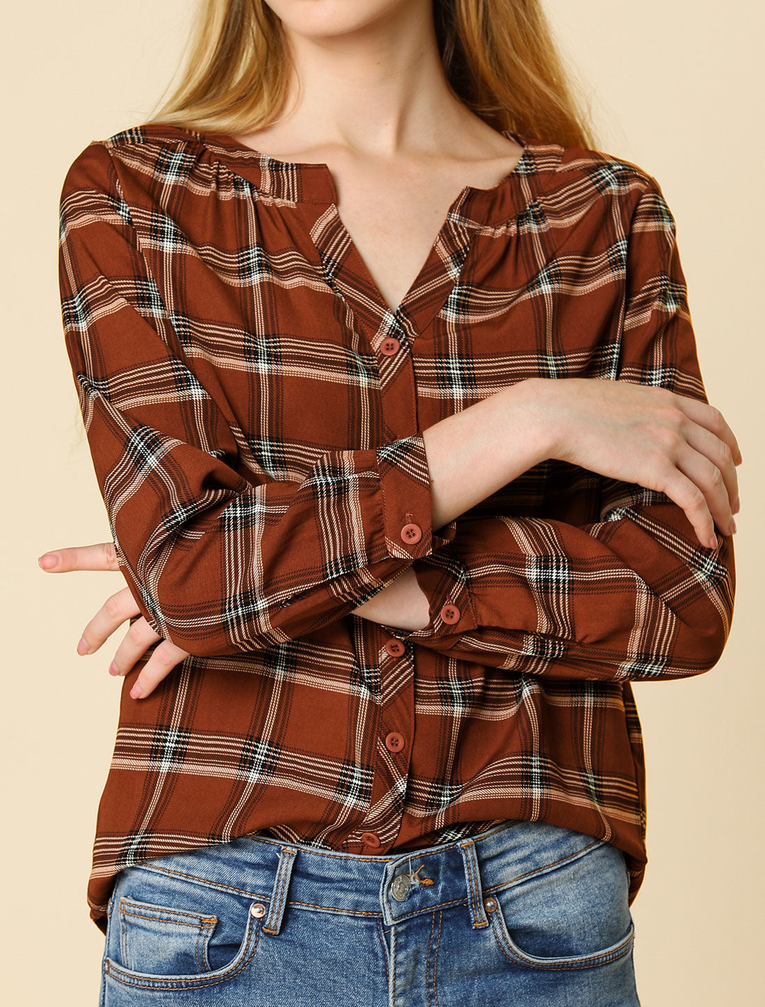 Women's Plaid Shirt Button Up V Neck Long Sleeve Top