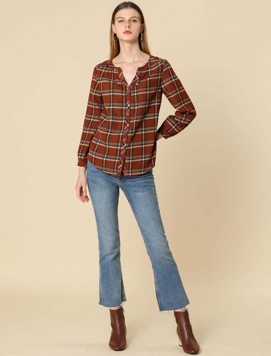 Women's Plaid Shirt Button Up V Neck Long Sleeve Top