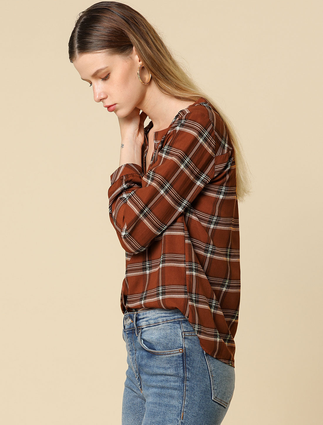 Women's Plaid Shirt Button Up V Neck Long Sleeve Top