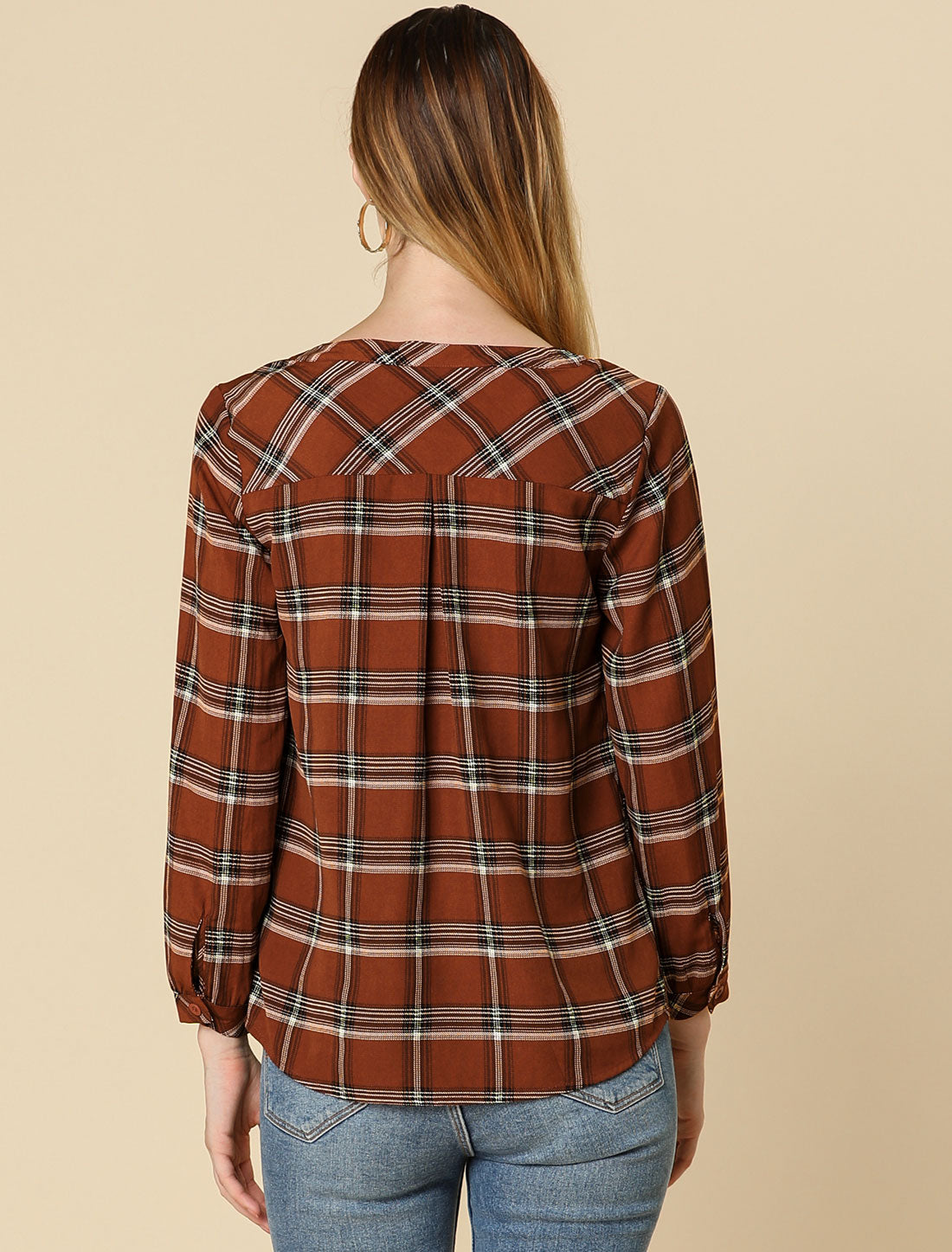 Women's Plaid Shirt Button Up V Neck Long Sleeve Top