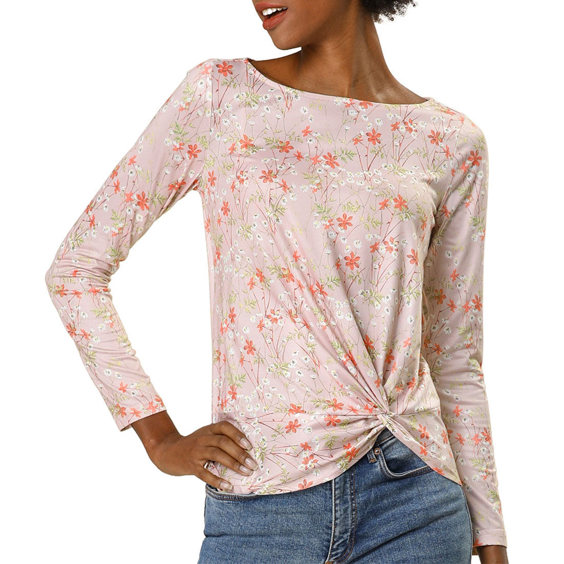 Blusa floral de manga larga con cuello barco, dobladillo asimétrico y torcido para mujer
