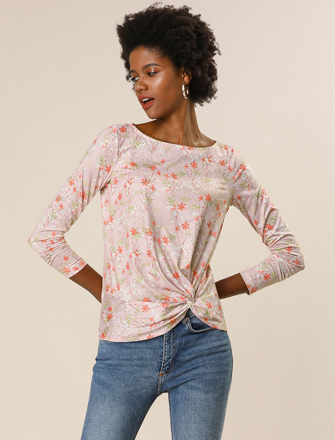 Blusa floral de manga larga con cuello barco, dobladillo asimétrico y torcido para mujer