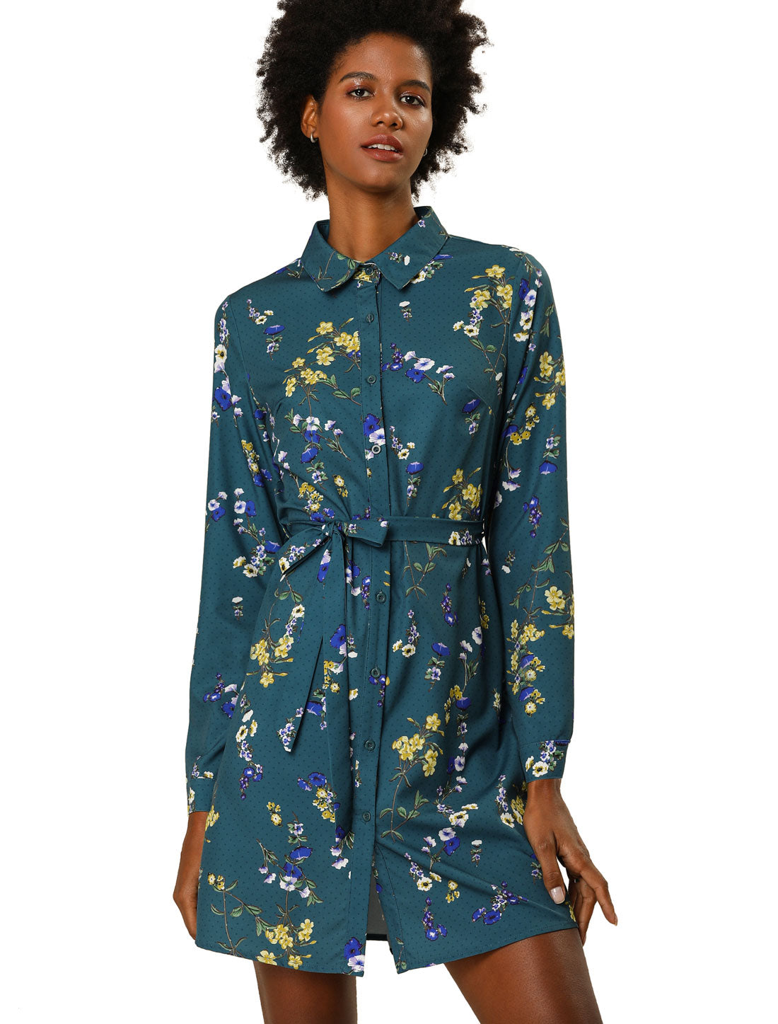 Women's Button Down Collar Tie Belted Print Shirt Dress